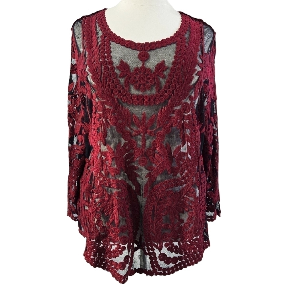 Catherines NWT Dark Red Black Embroidered Mesh Top Sheer Elegant Feminine Party